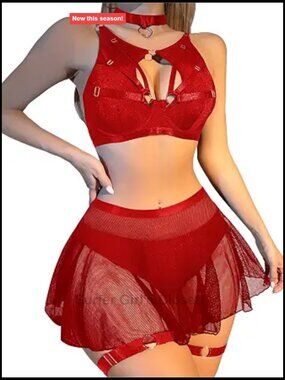Sexy Fishnet Lingerie Set 5 Piece: Choker, Strappy Bra, Skirt, O Ring, Garter